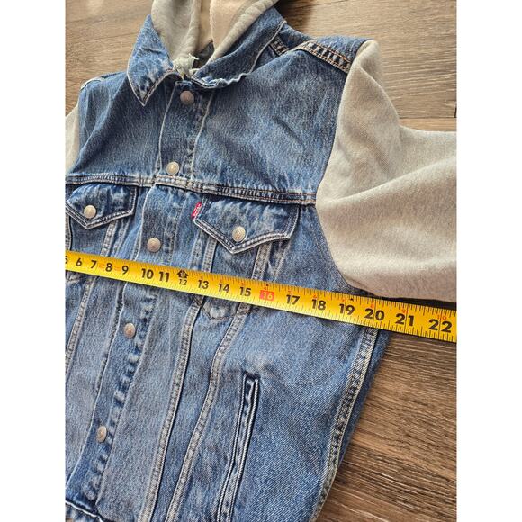 Levi’s Men’s Hybrid Hoodie Trucker Jacket Size S Blue Denim Streetwear Vibe Fall - Picture 10 of 11